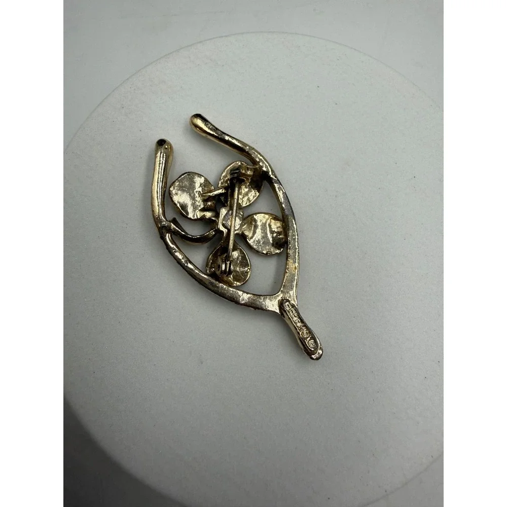 Vtg Gerrys Wishbone Four Leaf Clover Brooch Green Enamel Faux Pearl Gold‎ Tone